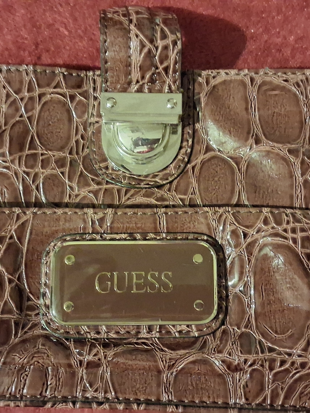 GUESS Brown Croc-Embossed Shoulder Bag with Gold Hardware